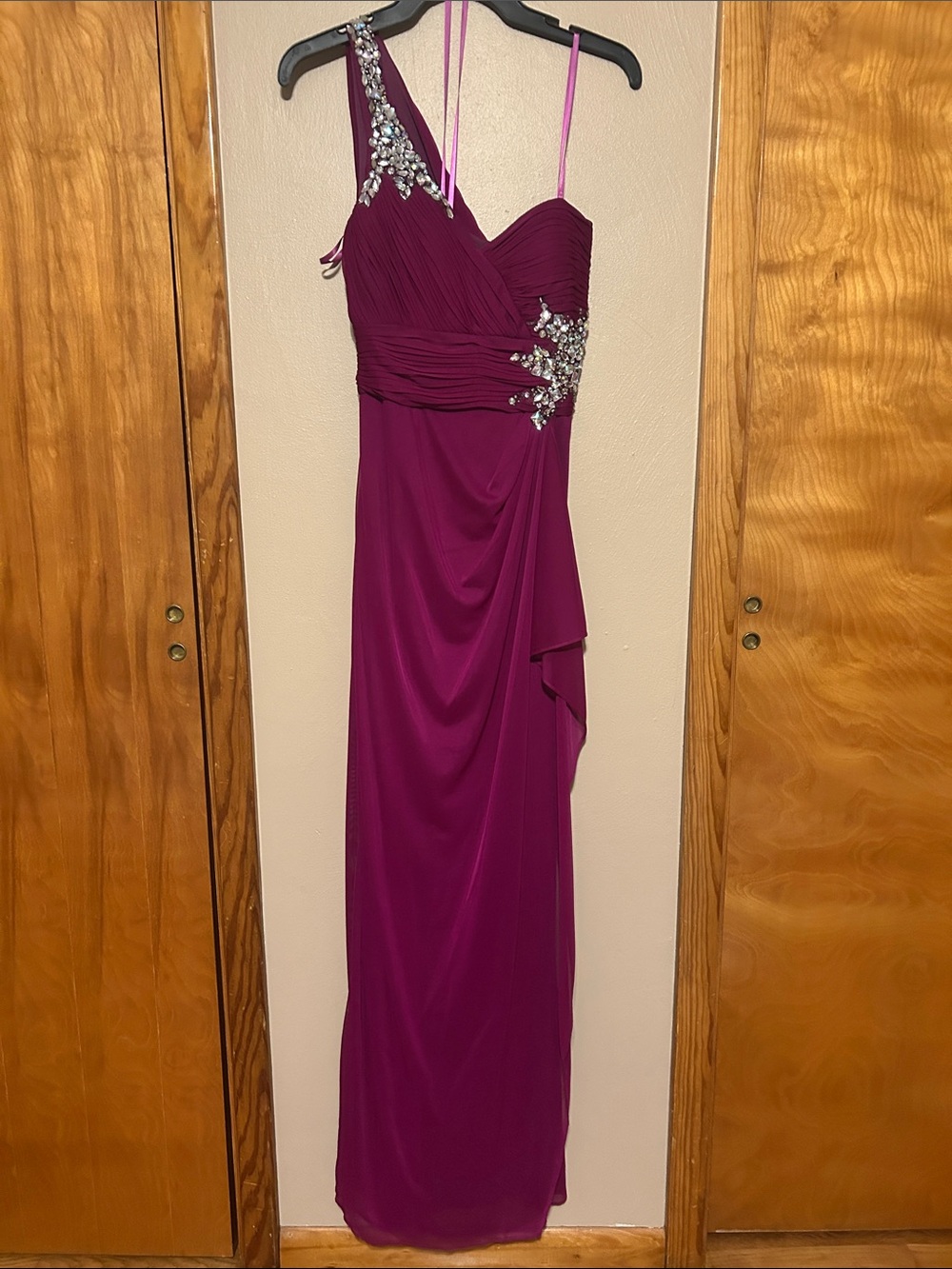 Cache Fuchsia One-Shoulder Embellished Maxi Dress